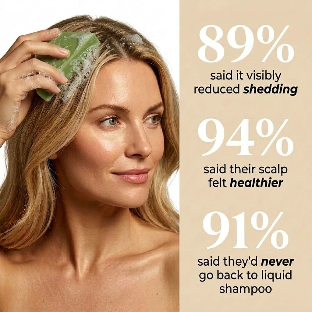 Woman lathering the bar on her scalp, with customer survey figures