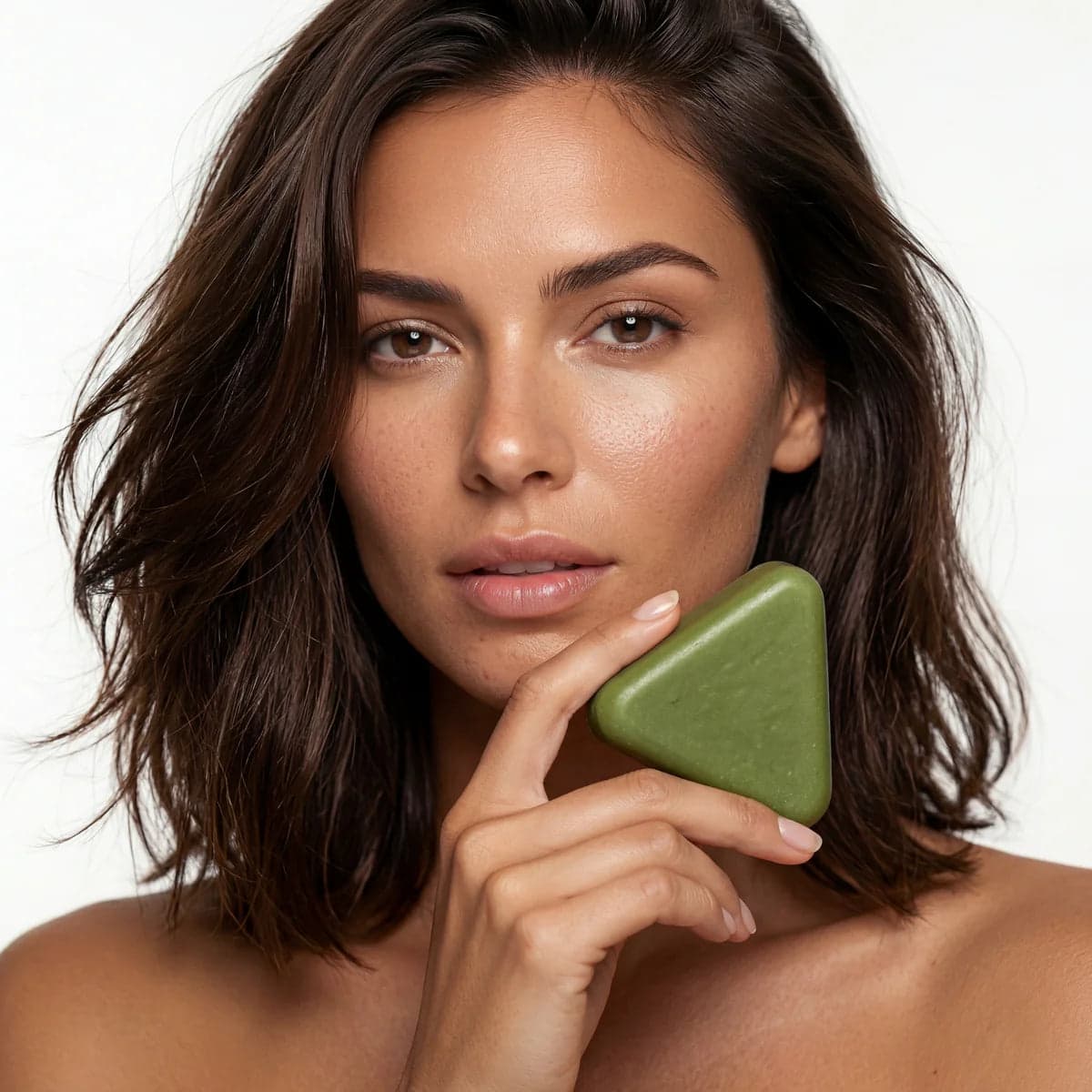 Brunette holding the YoraCare Scalp Bar against her jaw