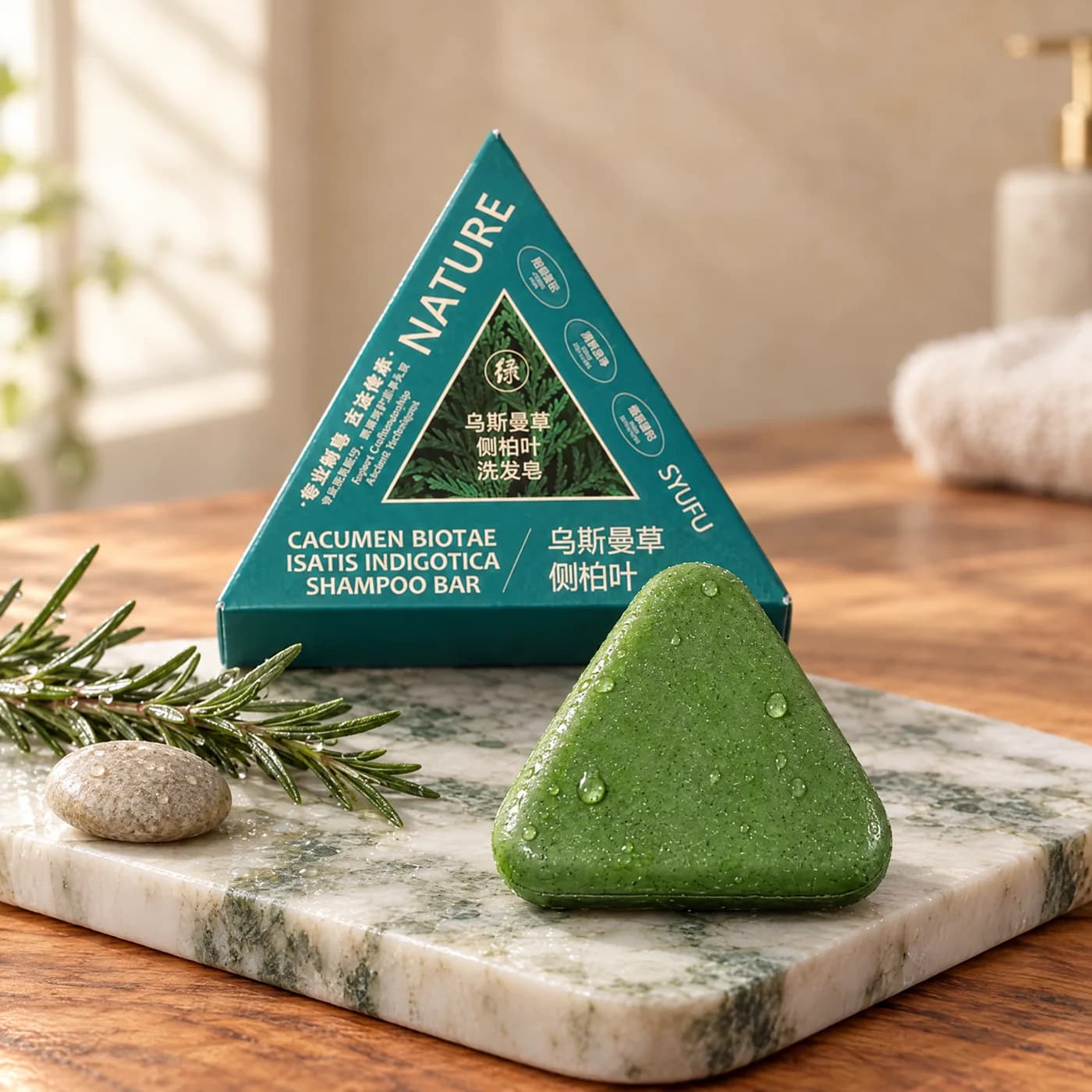 The bar in its international packaging: a teal triangular box behind the bar on a marble board
