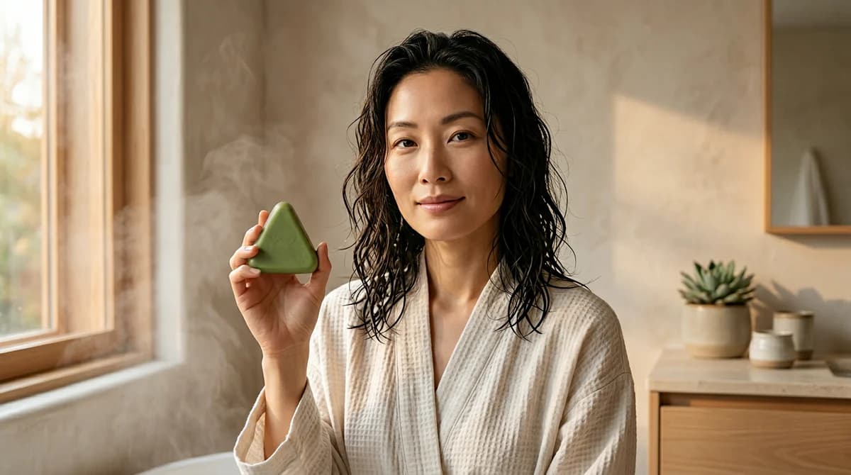 Woman with wet hair holding the YoraCare Scalp Bar in soft morning light