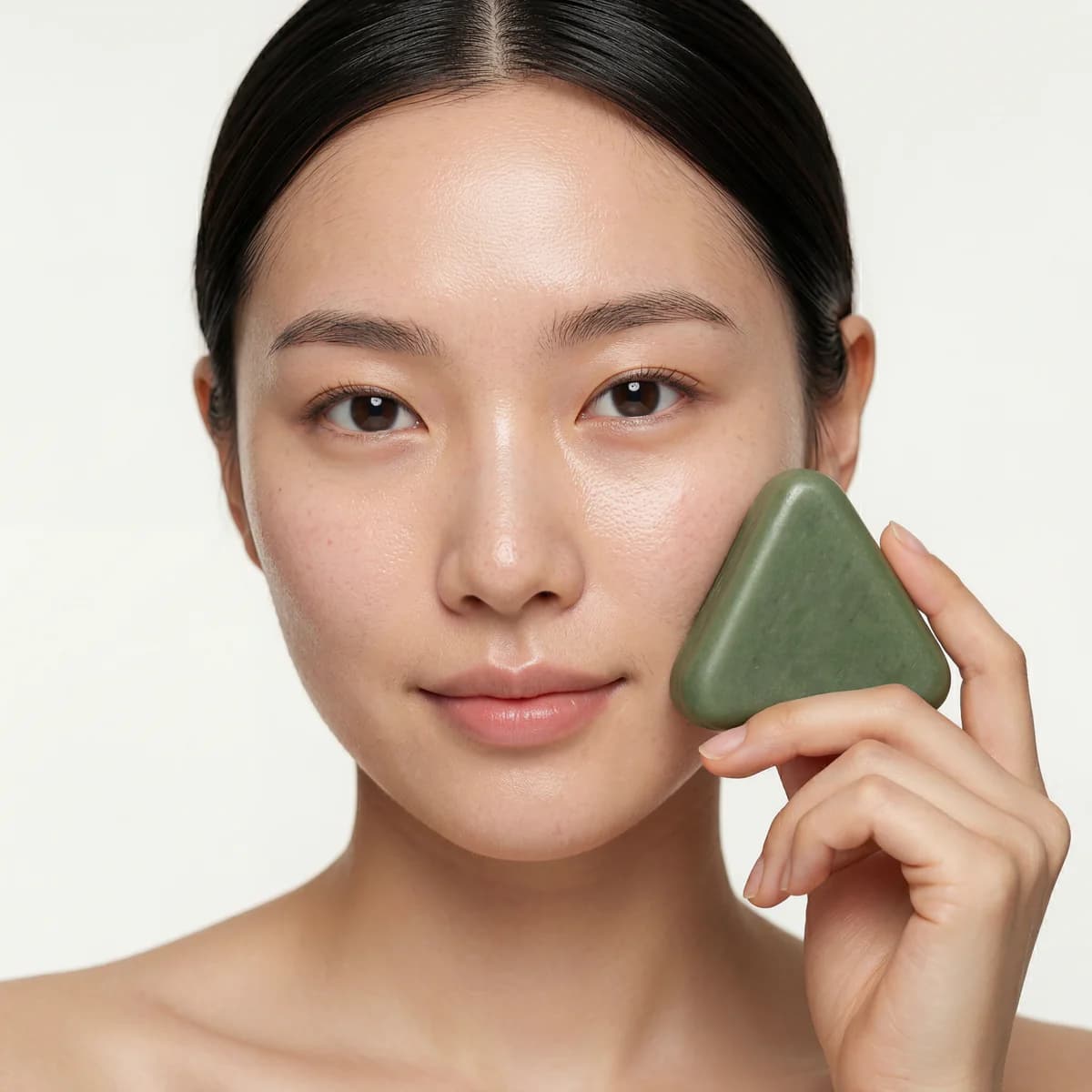 Close portrait of a woman holding the YoraCare Scalp Bar