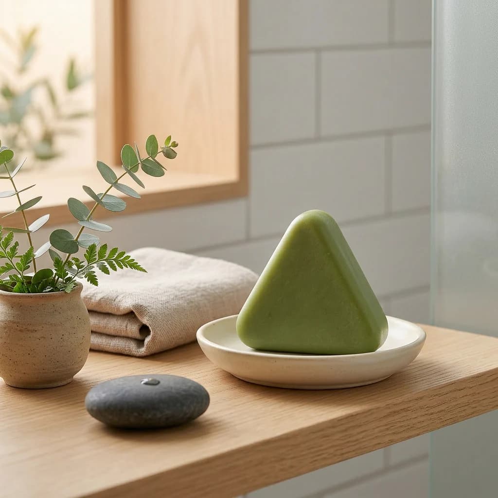 The YoraCare Scalp Bar on a stoneware dish with eucalyptus and a folded linen towel